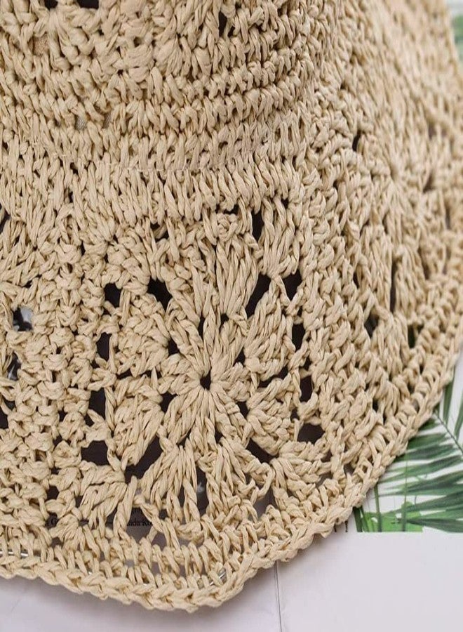 Sumleno Women Straw Sun Hat Floral Woven Crochet Bucket Hat Y2k Aesthetic Accessories Beach Hat Hand Woven Boho Foldable Cap (Beige,One Size) - Image 4